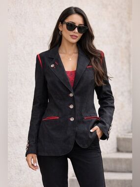 Altenbeurer Black Linen Blend Blazer Red Trim Lined Jacket Size 38 Vintage Style